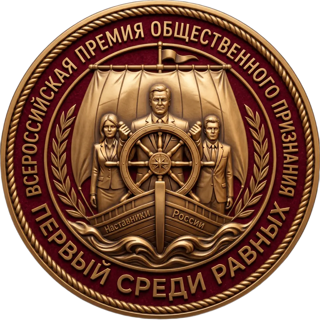 Эмблема премии «Первый среди равных»: золотой медальон на бордовом сукне с наставниками у штурвала корабля